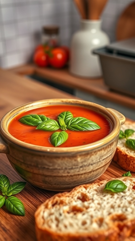 A bowl of rich tomato soup garnished with basil, served with crusty bread on a wooden table.